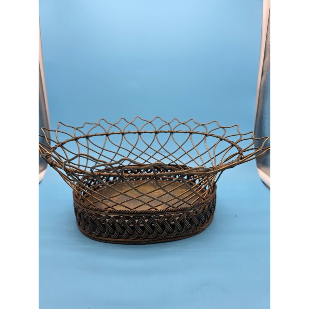 Vintage Aged Gold French Country Victorian Oval Wire Basket Solid Brass Bittom